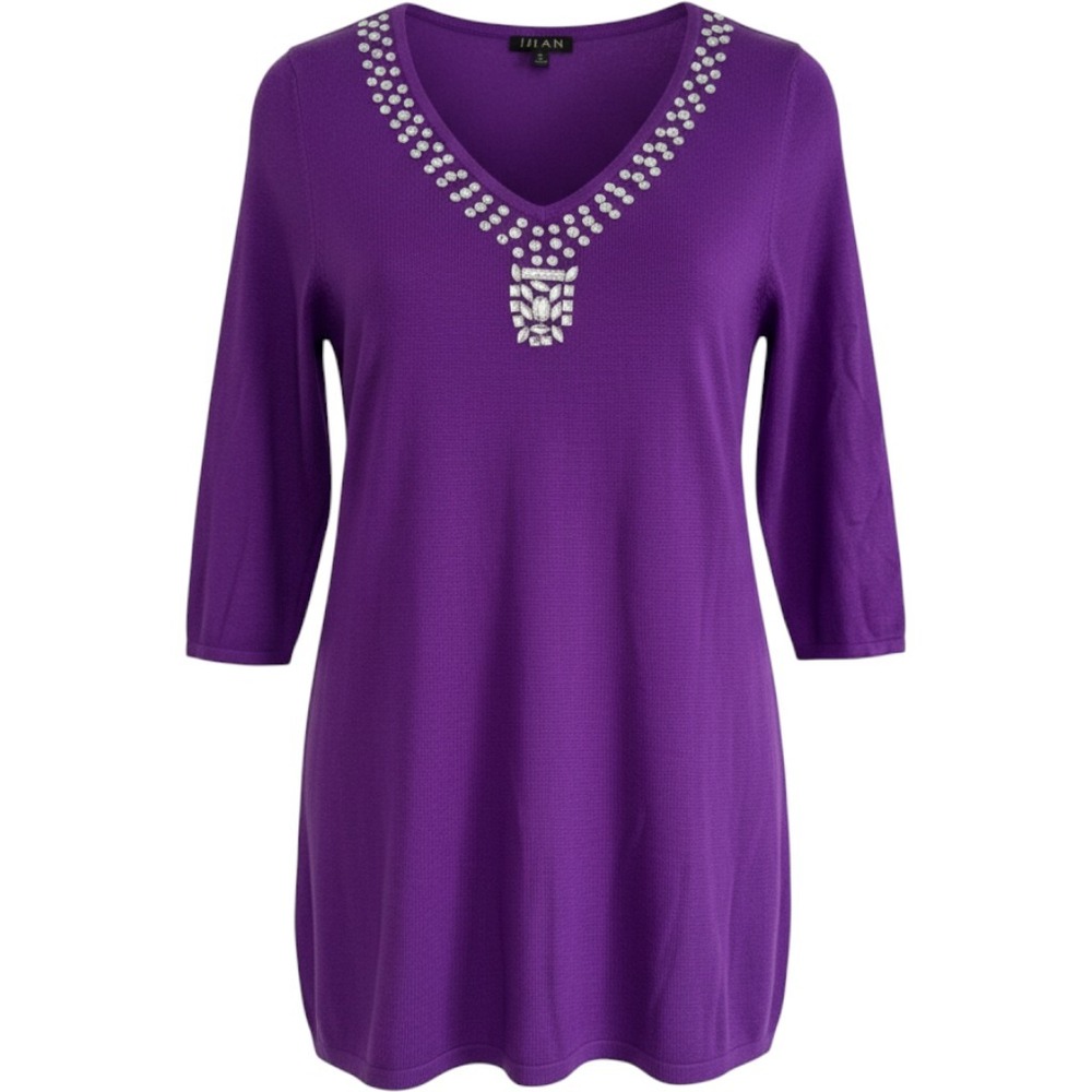 IMAN Purple Rhinestone V-Neck Tunic Sweater Cashmere Blend XL 3/4 Sleeve